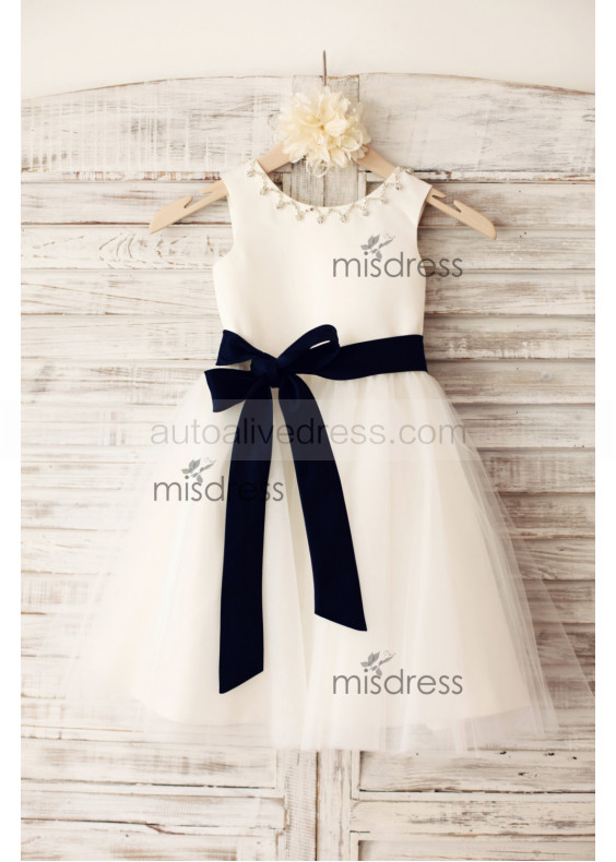 Beaded Ivory Satin Tulle Flower Girl Dress